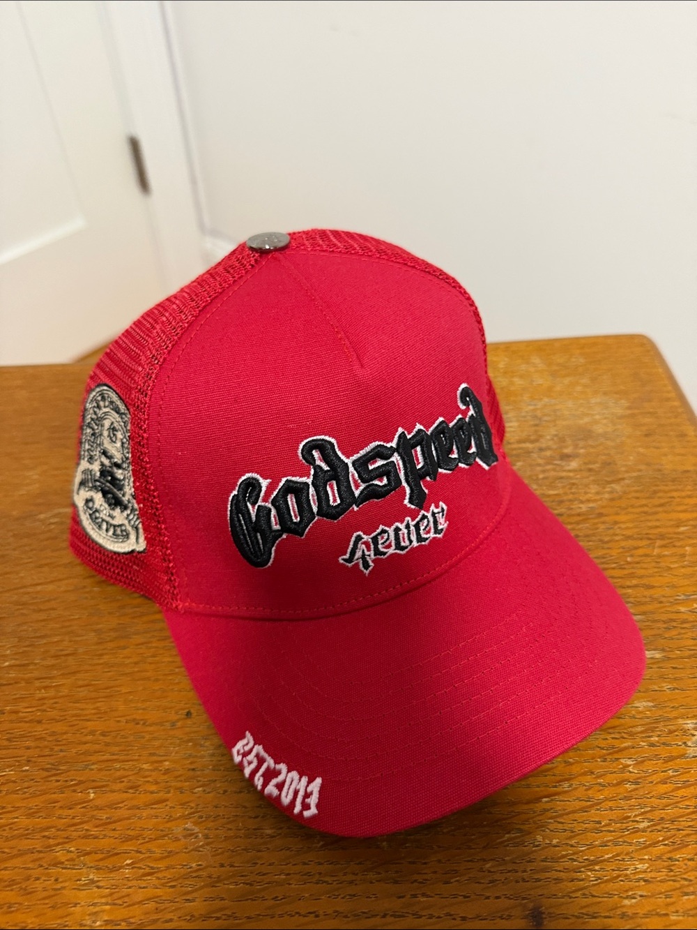 Kids Red 'Godspeed' Embroidered Trucker Hat